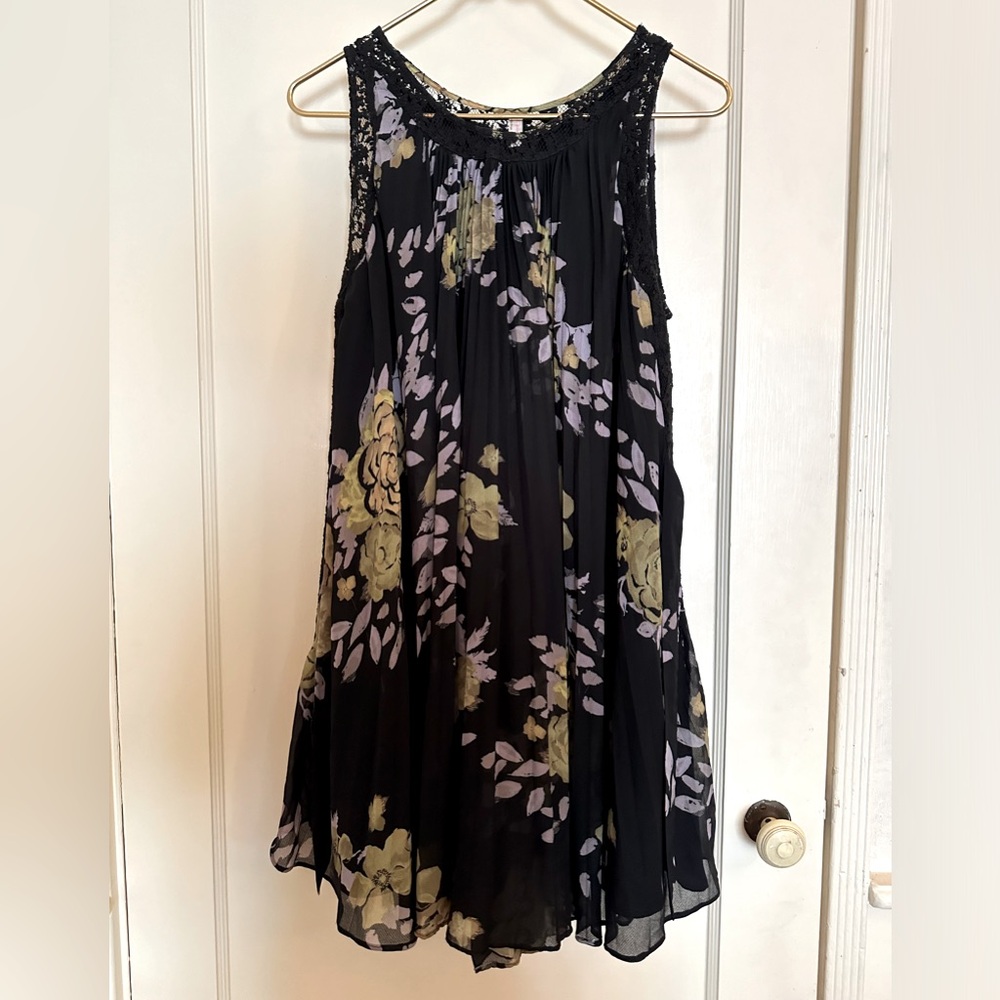 Free People Floral Pleated Sleeveless Dress with Lace Insets